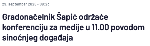 Gradonačelnik Šapić održaće konferenciju za medije u 11.00 povodom sinoćnjeg događaja